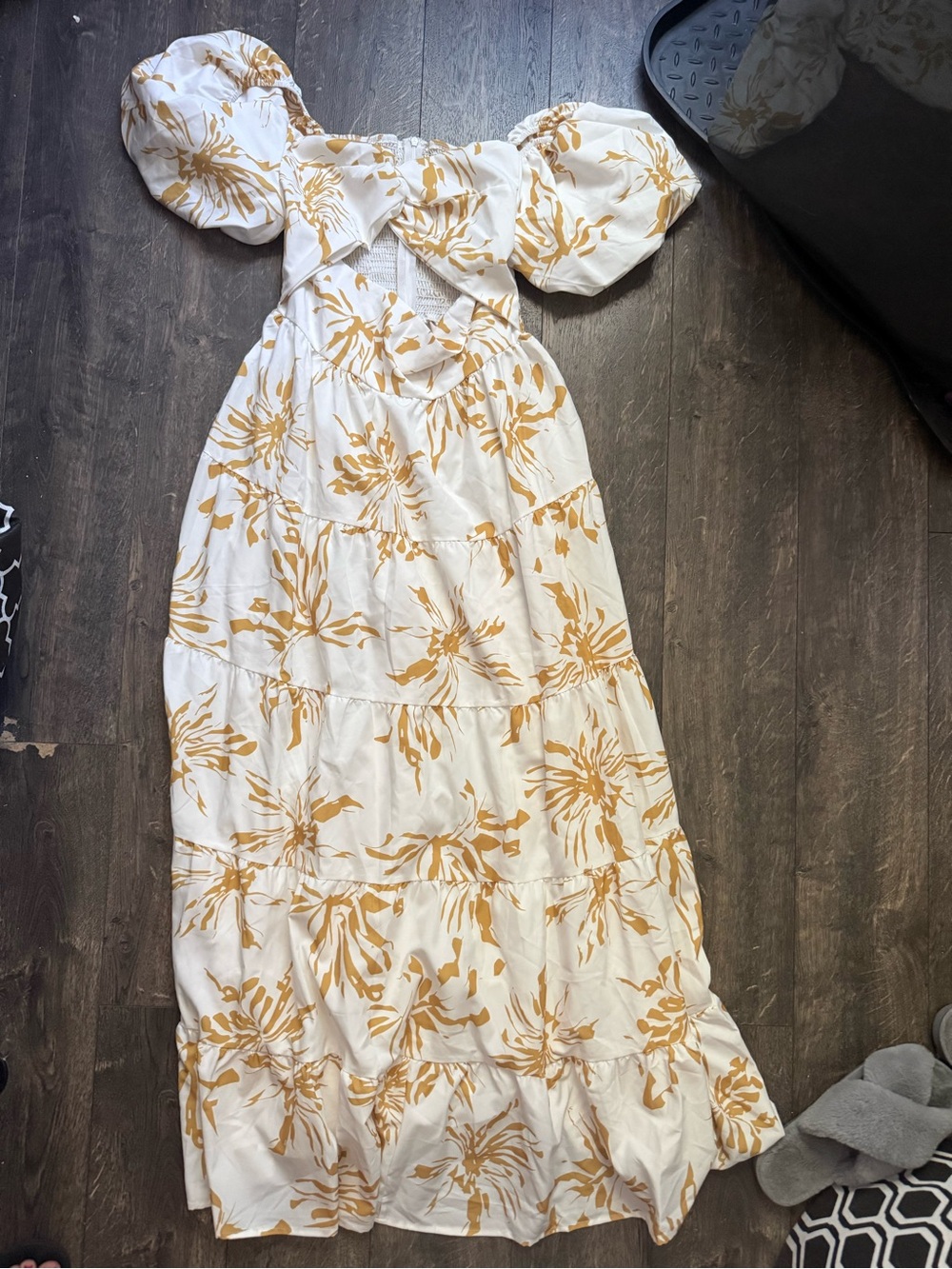 White & Mustard Floral Puff-Sleeve Maxi Dress
